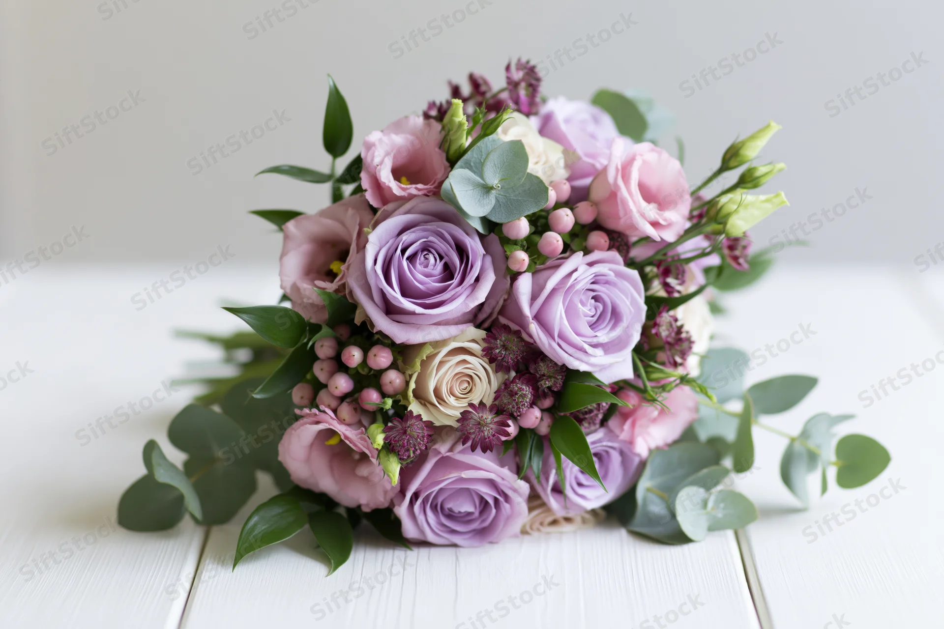 Bridal bouquet with lavender and pink roses and greenery resting on white wooden surface