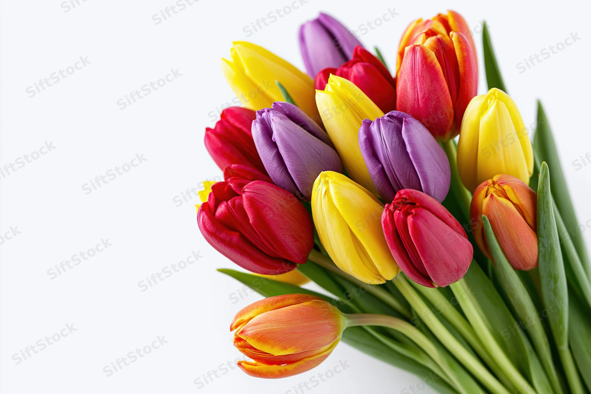A bouquet of red, yellow, purple and orange tulips arranged on a white background with copyspace