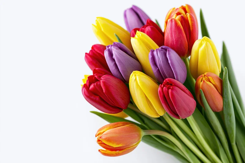 A bouquet of red, yellow, purple and orange tulips arranged on a white background with copyspace