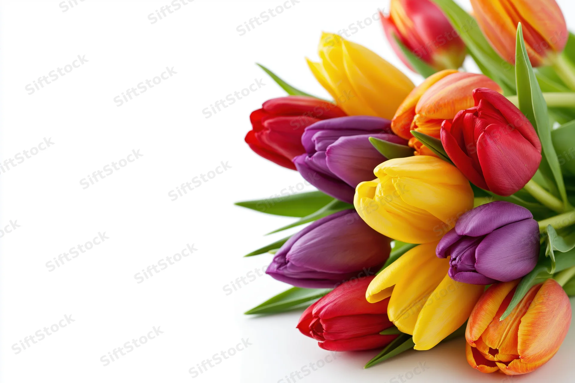 A bouquet of mixed red yellow purple and orange tulips arranged on a white background with copyspace on the left