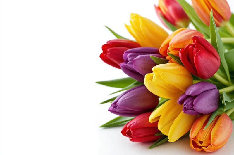 A bouquet of mixed red yellow purple and orange tulips arranged on a white background with copyspace on the left