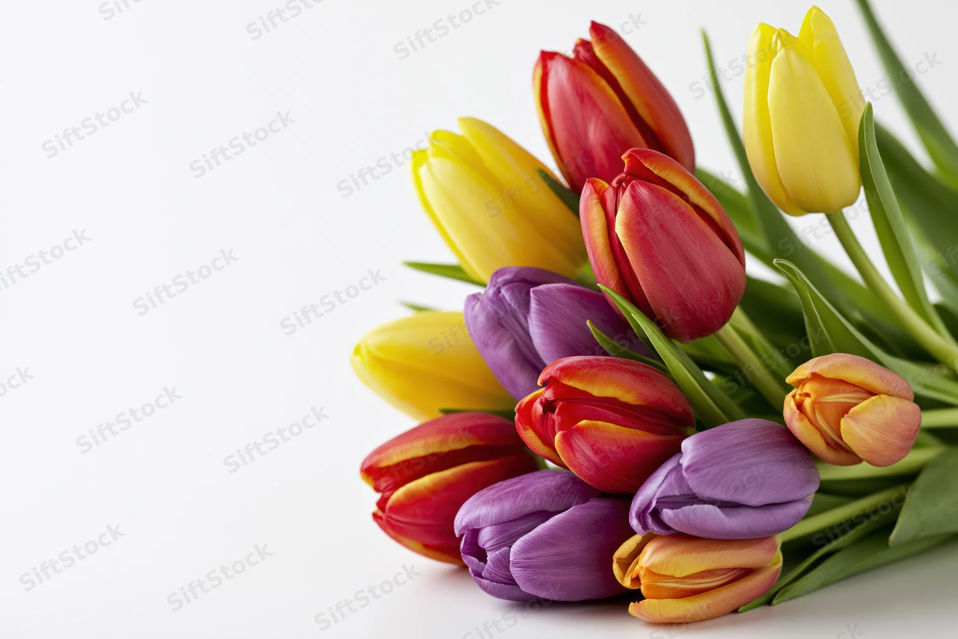 A bouquet of mixed red yellow purple and orange tulips arranged on a white surface with copyspace