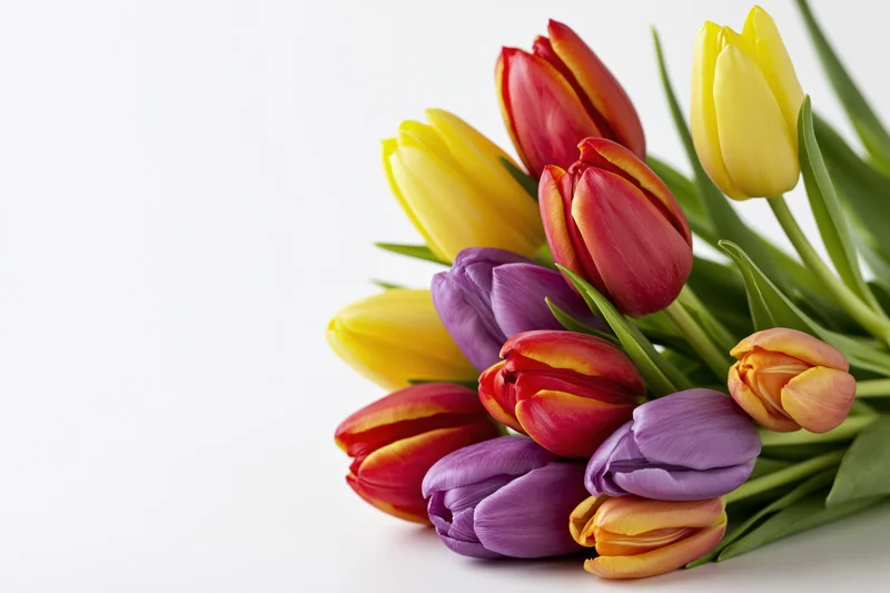 A bouquet of mixed red yellow purple and orange tulips arranged on a white surface with copyspace