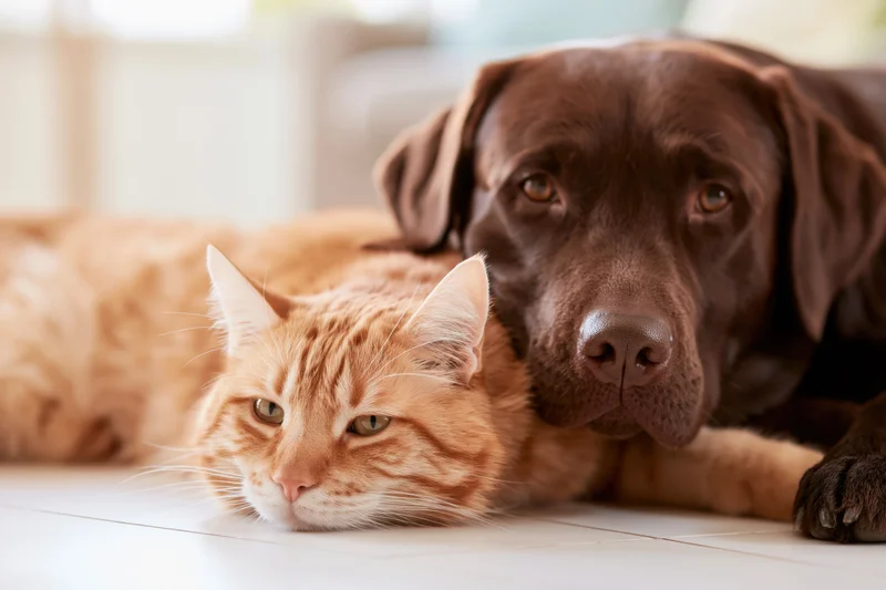 Chocolate labrador resting chin on back of ginger tabby cat lying on white tiled floor indoors