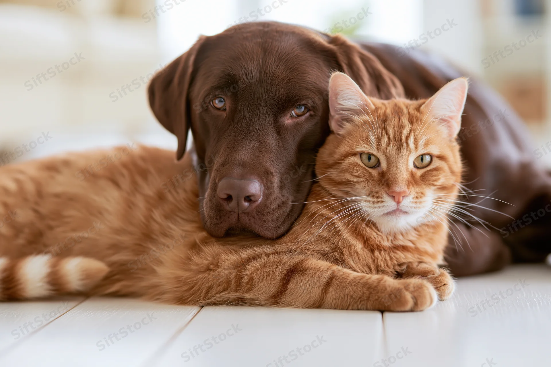 Chocolate labrador resting chin on ginger tabby cat lying on white wooden floor