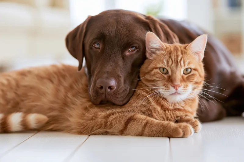 Chocolate labrador resting chin on ginger tabby cat lying on white wooden floor