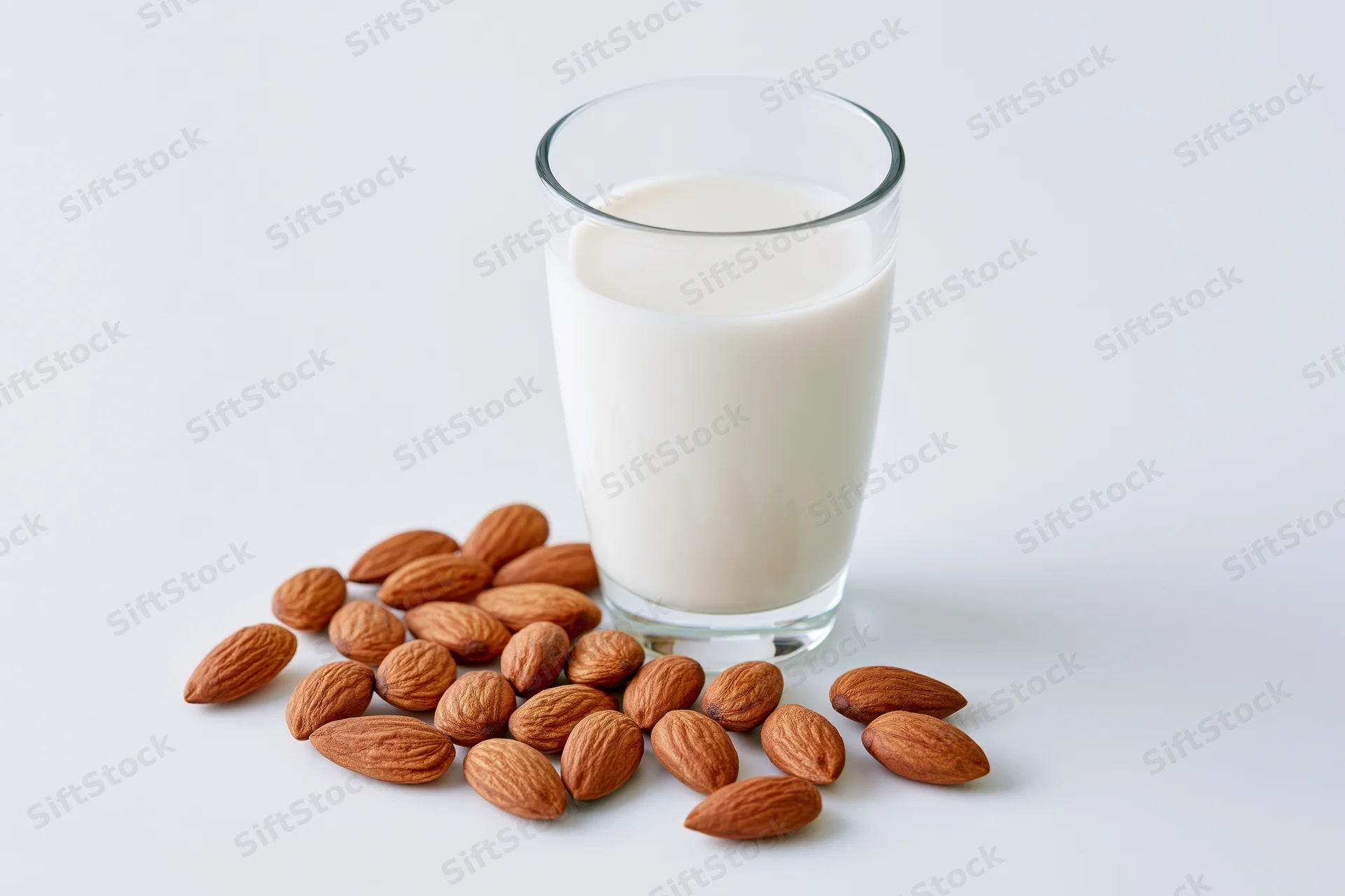 Glass of almond milk beside scattered almonds on white surface