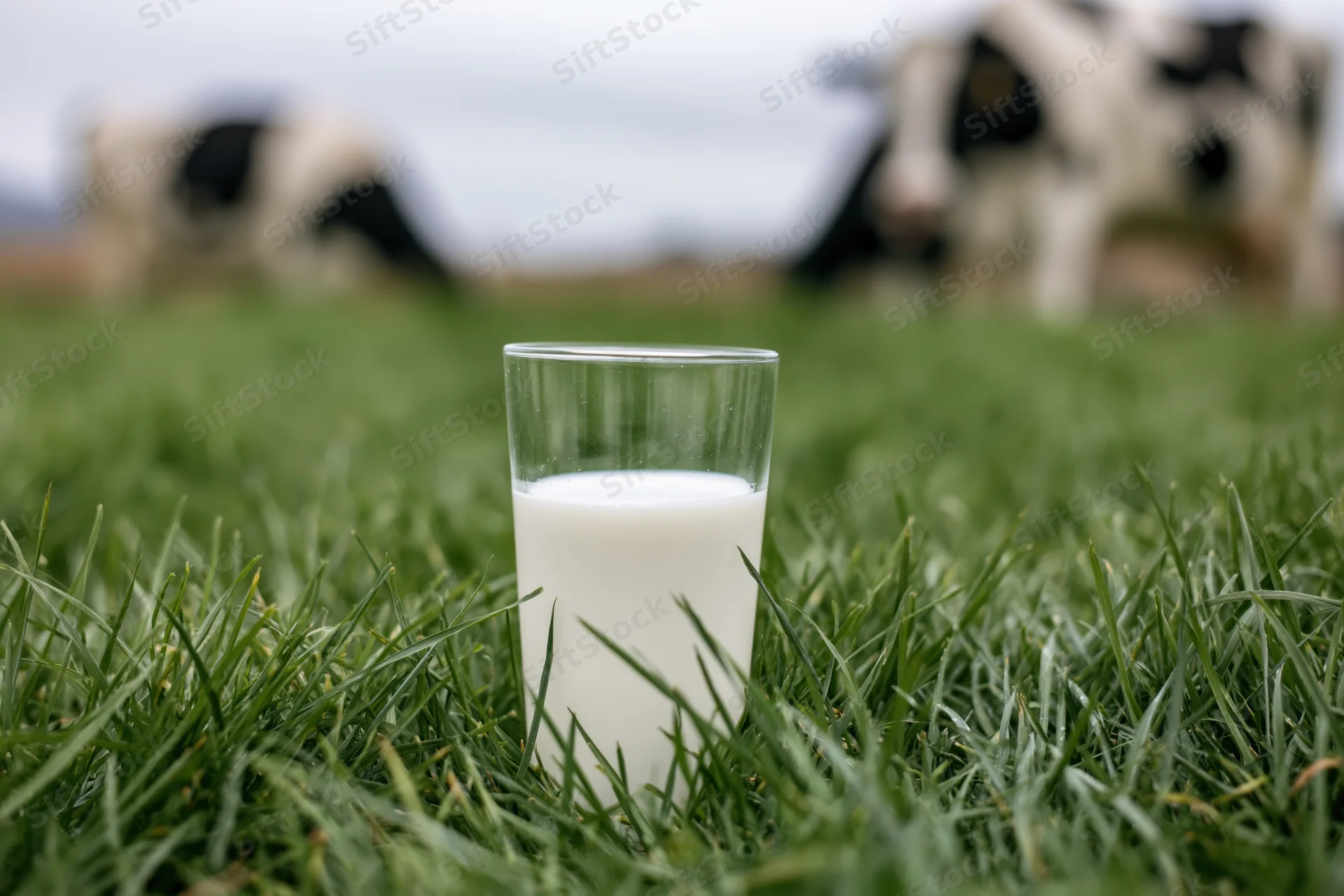 Glass of milk in green grass with cows in background