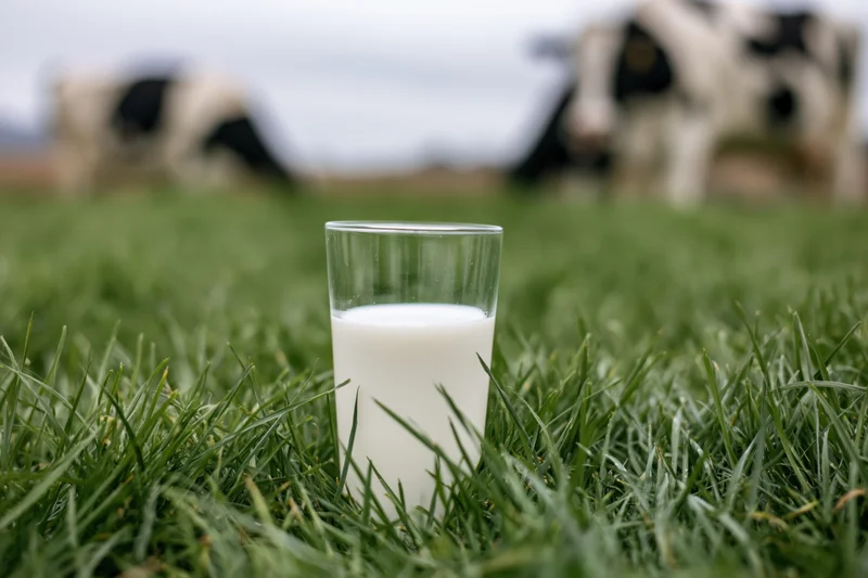 Glass of milk in green grass with cows in background