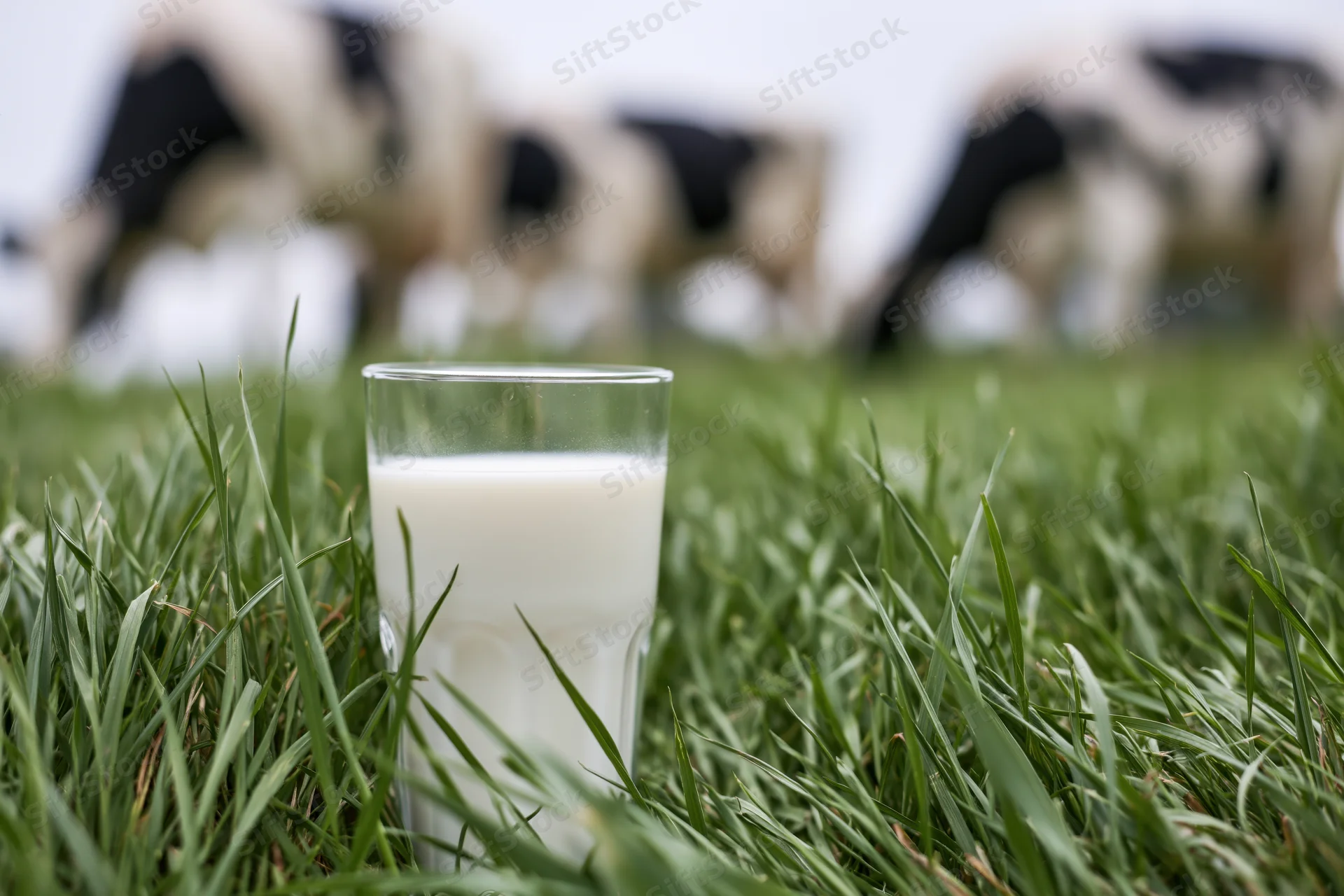 Glass of milk placed in green grass with cows grazing in the background