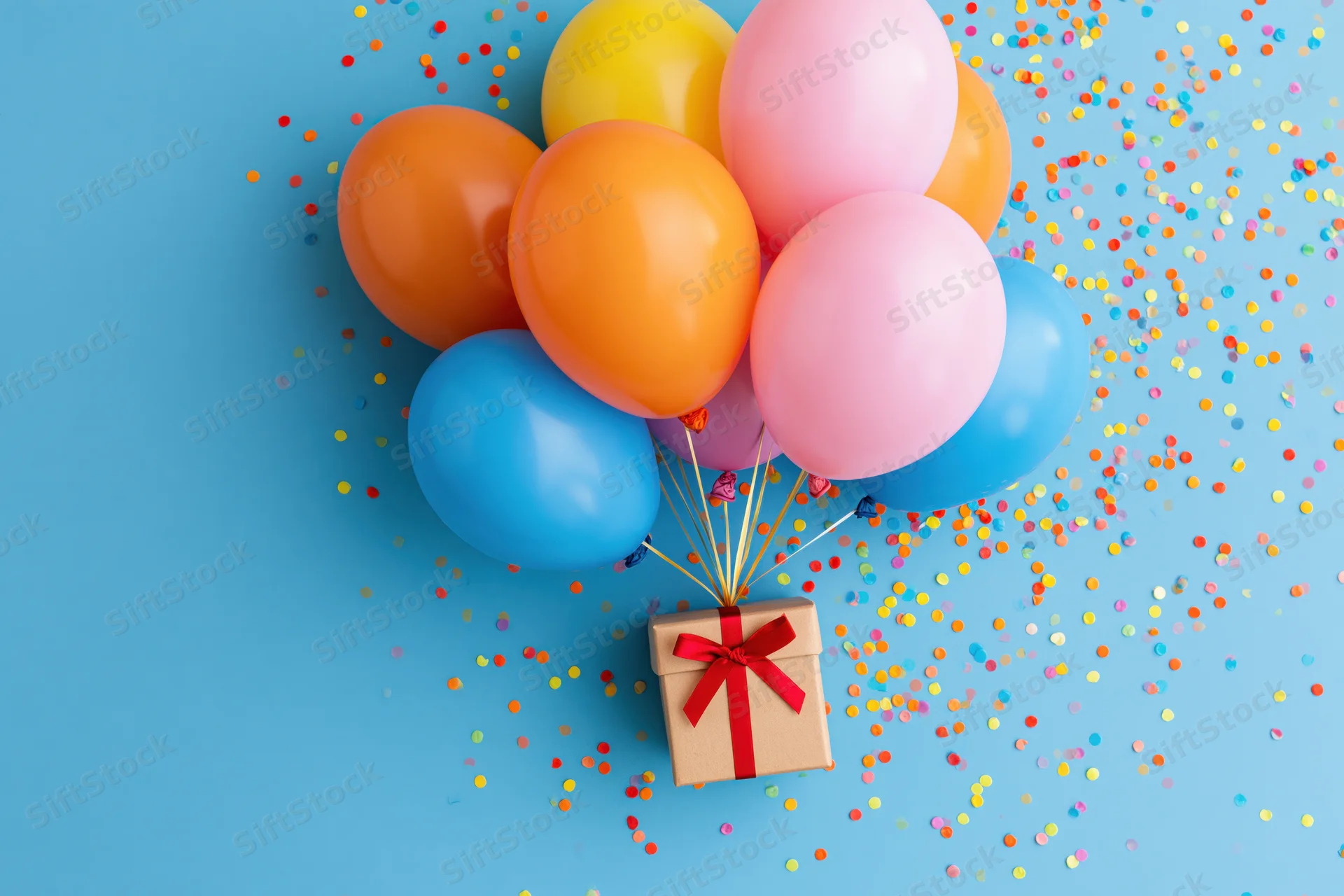 Colorful balloons tied to a gift box with red ribbon on blue background scattered with confetti