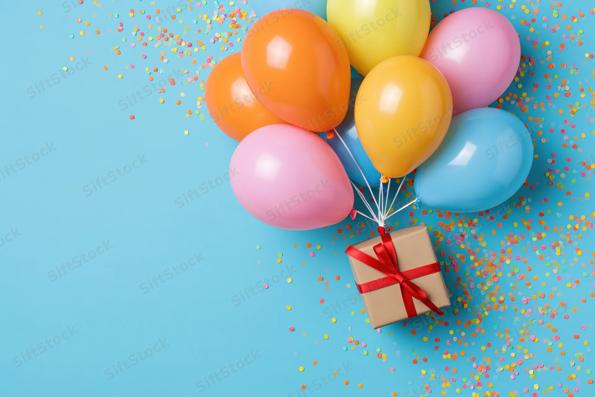 Colorful balloons tied to a gift box with red ribbon on a blue background scattered with confetti