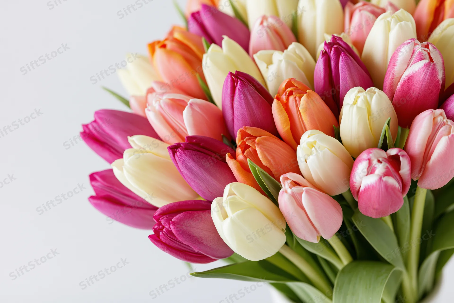 Dense bouquet of mixed tulips in cream, pink, magenta and orange arranged in a white vase against a plain white background