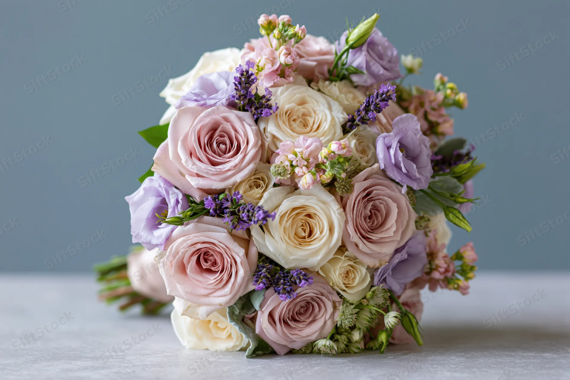 Dense hand-tied bridal bouquet of garden roses and lavender on a gray surface