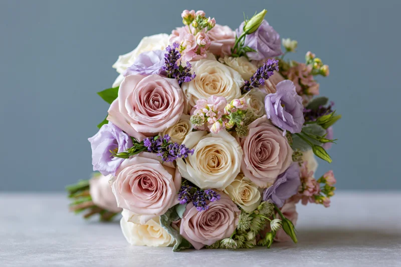 Dense hand-tied bridal bouquet of garden roses and lavender on a gray surface