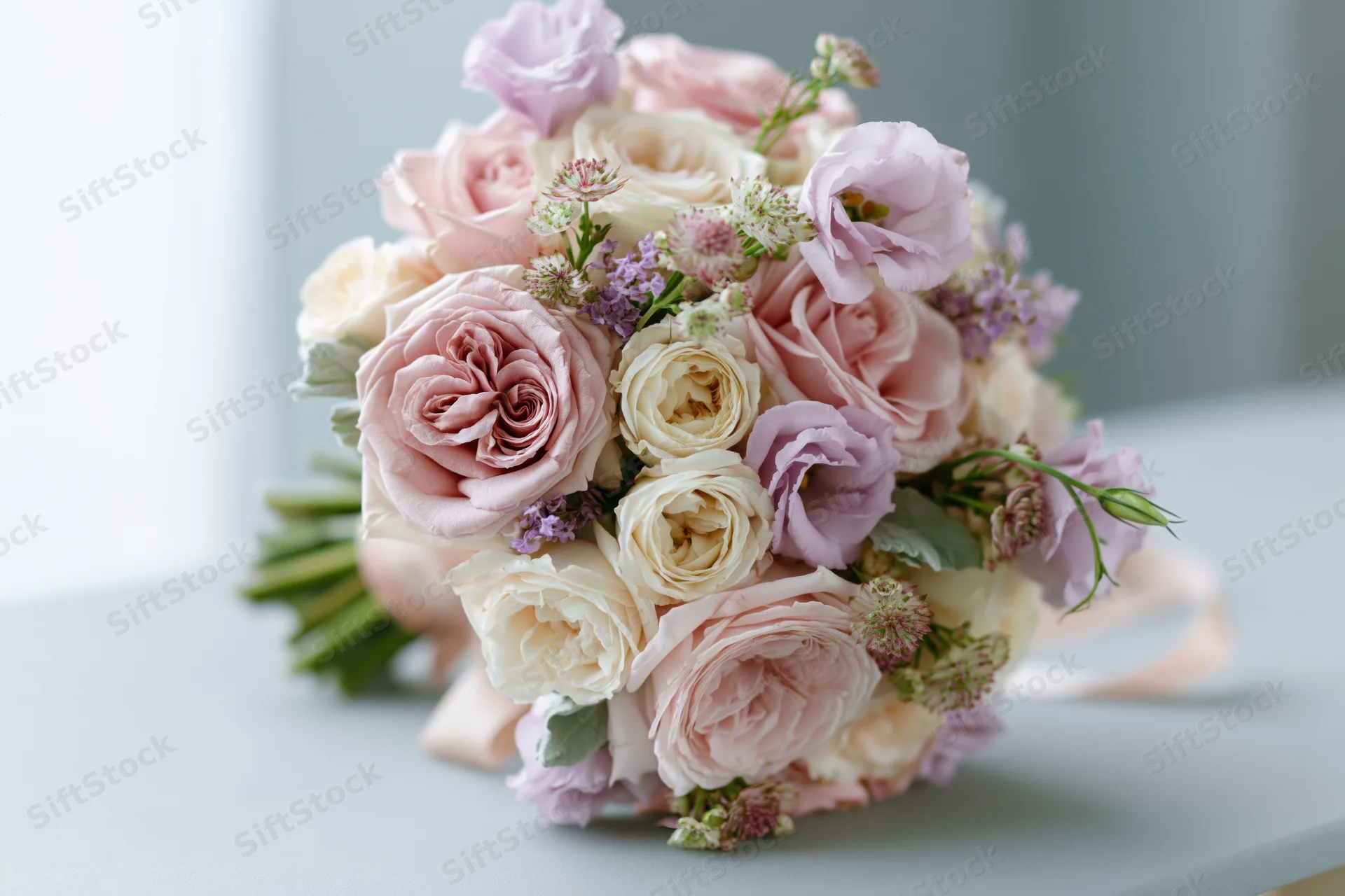 Hand-tied bridal bouquet of garden roses and lavender lisianthus on a table