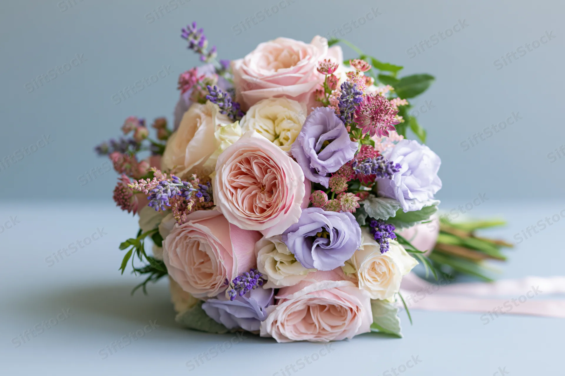 Dense hand-tied bridal bouquet of garden roses and lavender on a light blue surface