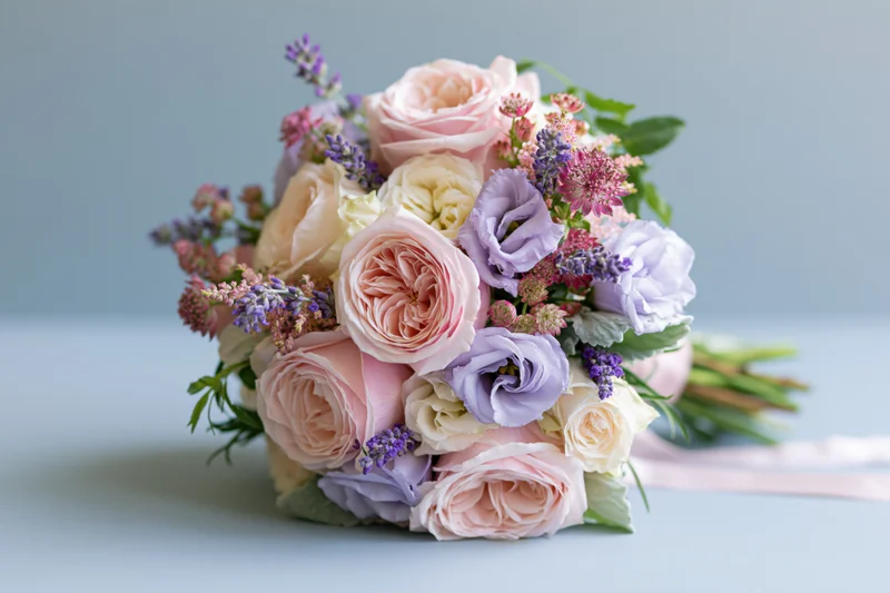 Dense hand-tied bridal bouquet of garden roses and lavender on a light blue surface