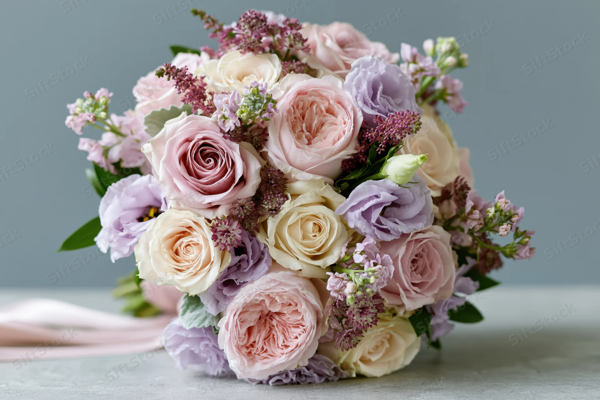 Dense hand-tied bridal bouquet of garden roses and lavender lisianthus on a light surface with ribbon trailing beside it