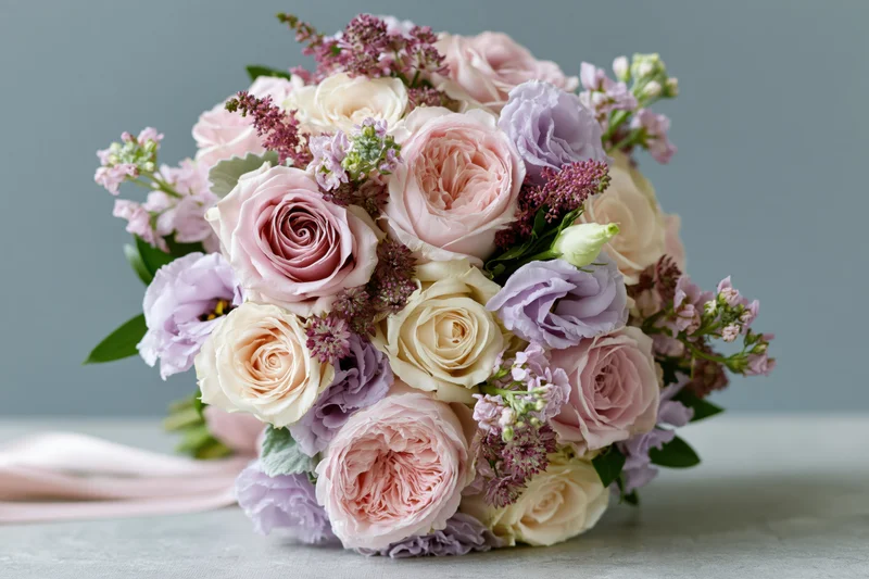 Dense hand-tied bridal bouquet of garden roses and lavender lisianthus on a light surface with ribbon trailing beside it