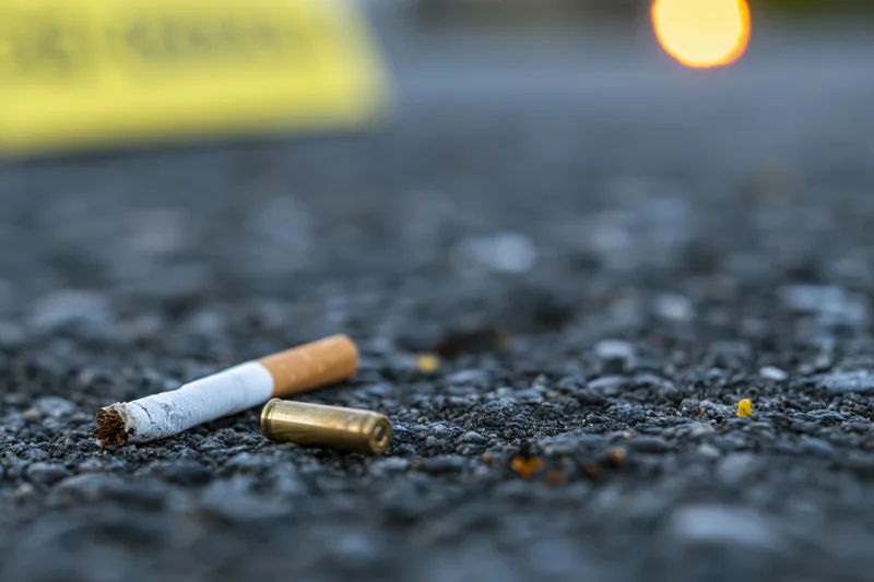 Cigarette butt and bullet casing on asphalt near crime scene tape