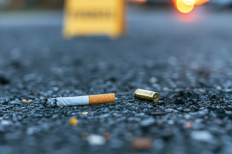 Cigarette butt and bullet casing lying on asphalt road at night