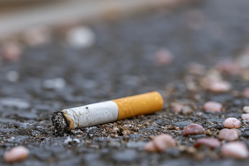 Discarded cigarette butt lying on rough asphalt pavement with small stones and gravel