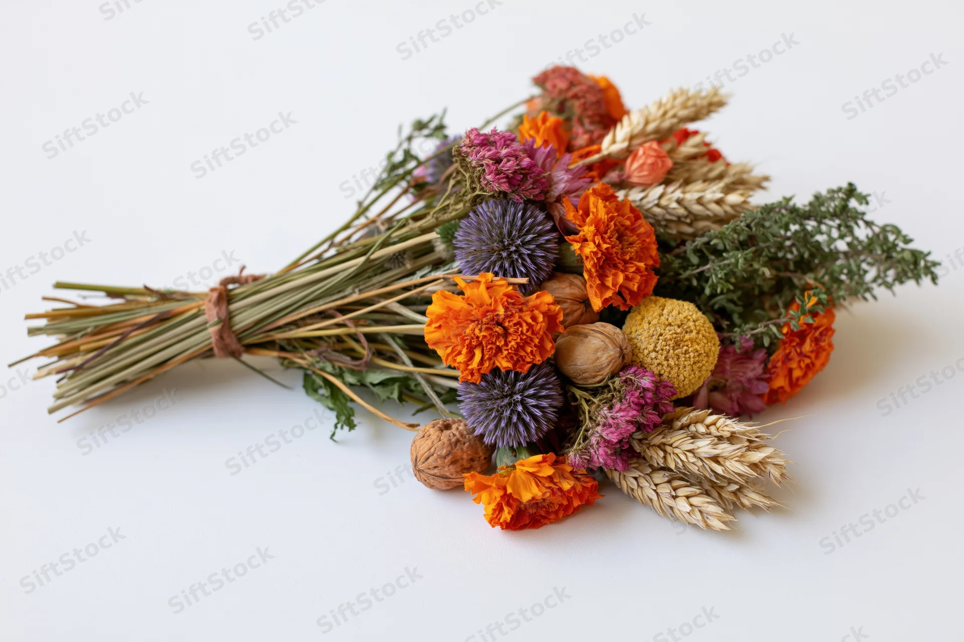 Dried wildflower bouquet with wheat and nuts lying flat on white surface