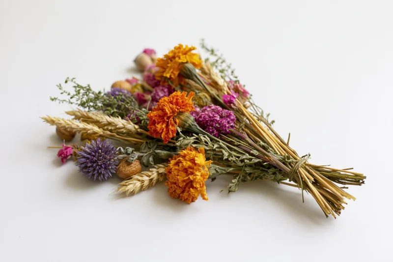 Dried wildflower bouquet arranged flat on white surface with copyspace
