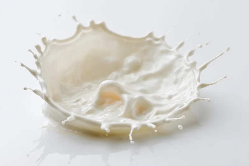 Milk splash frozen in motion on white surface