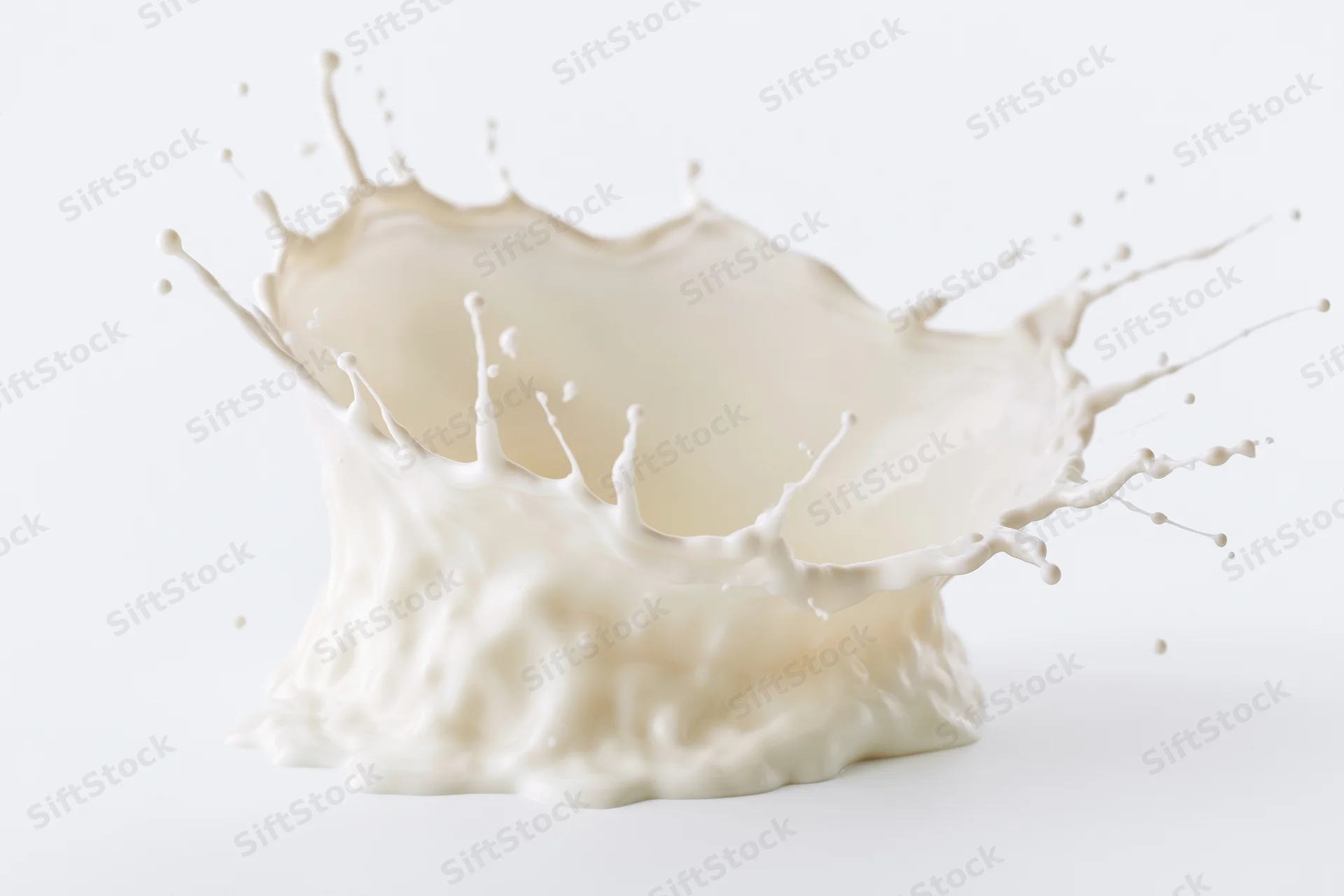 Milk splash frozen in midair against white background