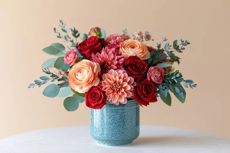 Floral bouquet with red roses, peach ranunculus and greenery in blue ceramic vase on white surface