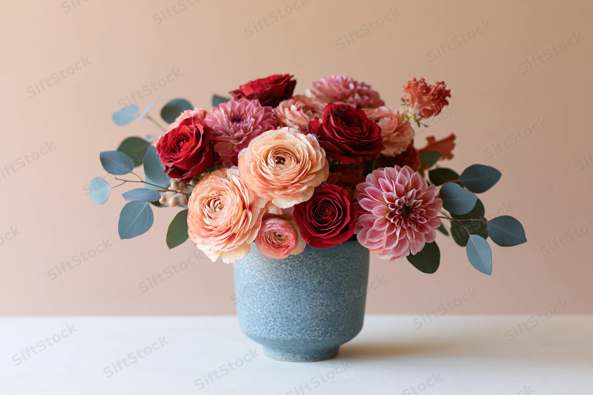 Floral arrangement of peach ranunculus and deep red roses with pink dahlias and eucalyptus in a blue ceramic vase on a white surface