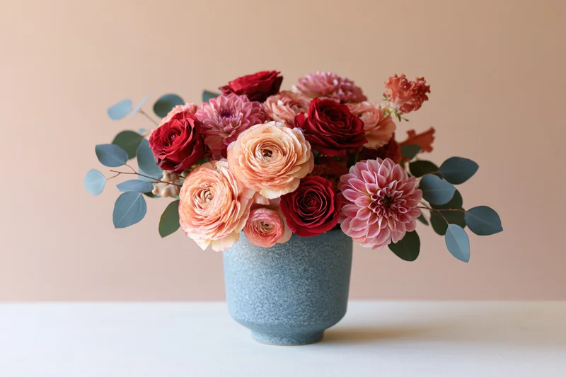Floral arrangement of peach ranunculus and deep red roses with pink dahlias and eucalyptus in a blue ceramic vase on a white surface