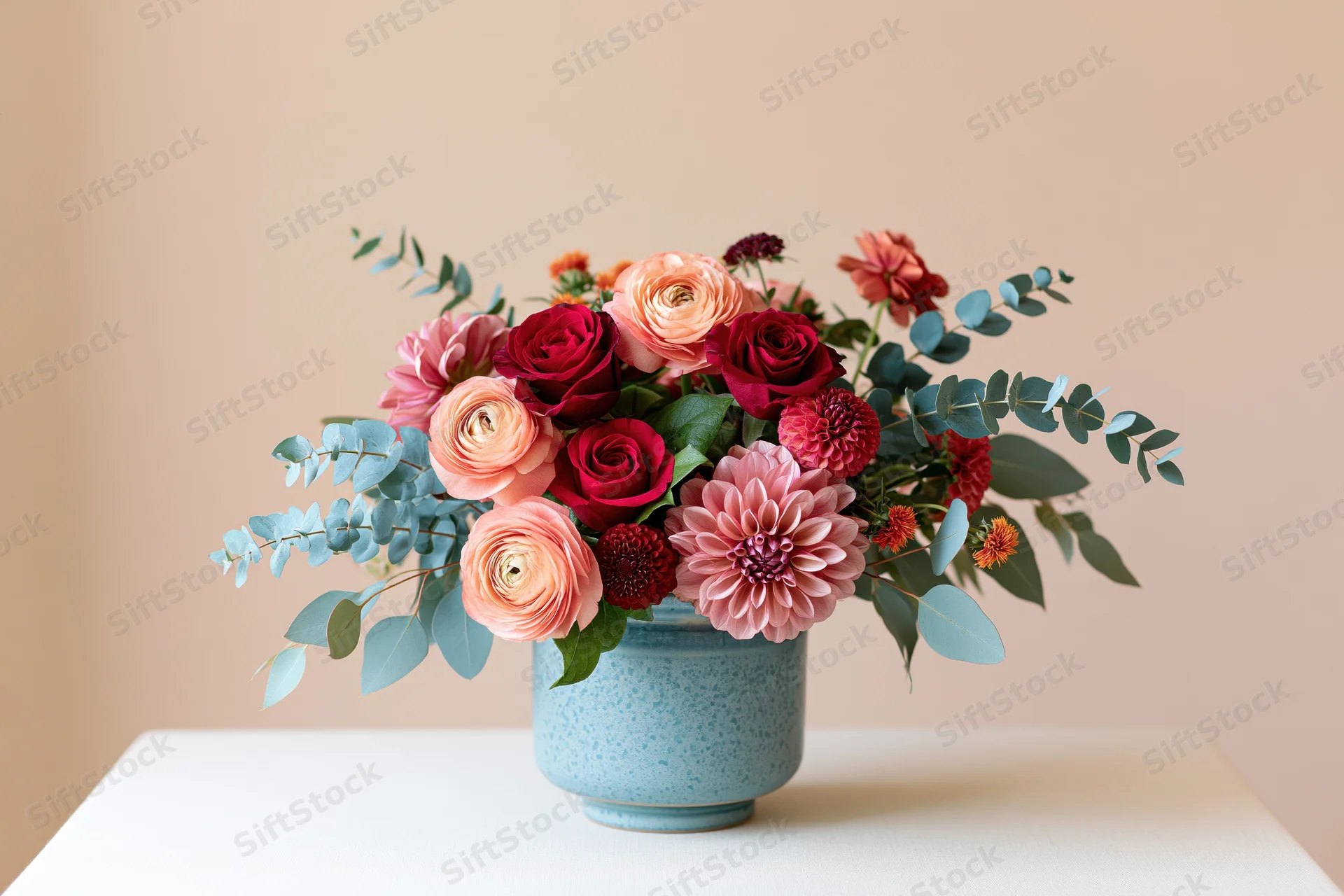Floral bouquet with peach ranunculus, deep red roses, pink dahlia, and eucalyptus in a blue ceramic vase on a white table