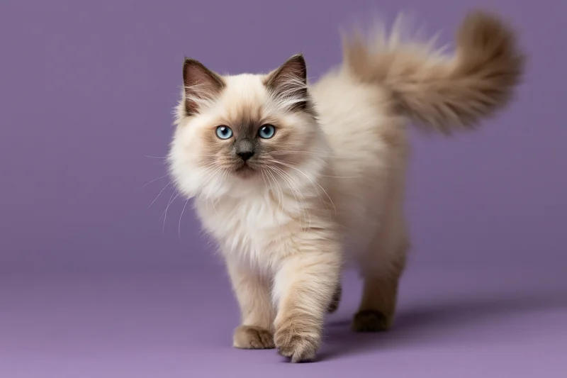 Fluffy nevamasquerade kitten walking toward camera on purple studio background