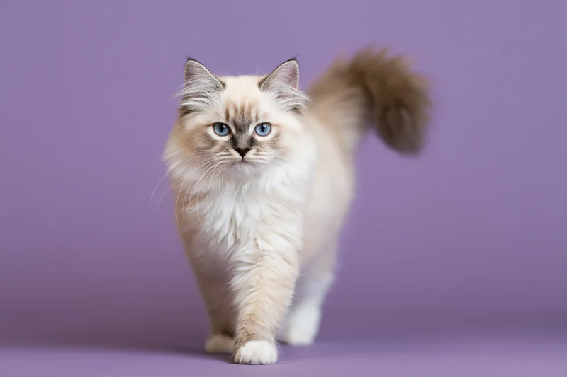 Fluffy nevamasquerade kitten walking toward camera on purple background