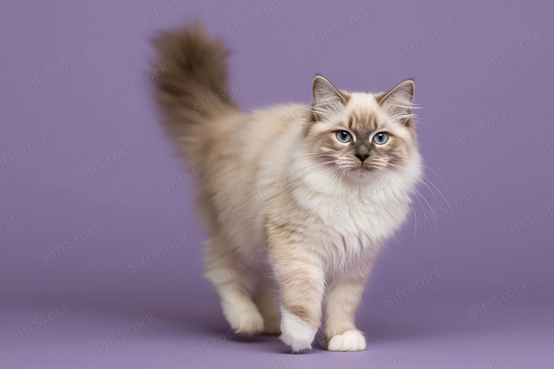 Fluffy nevamasquerade kitten walking toward camera on purple studio background