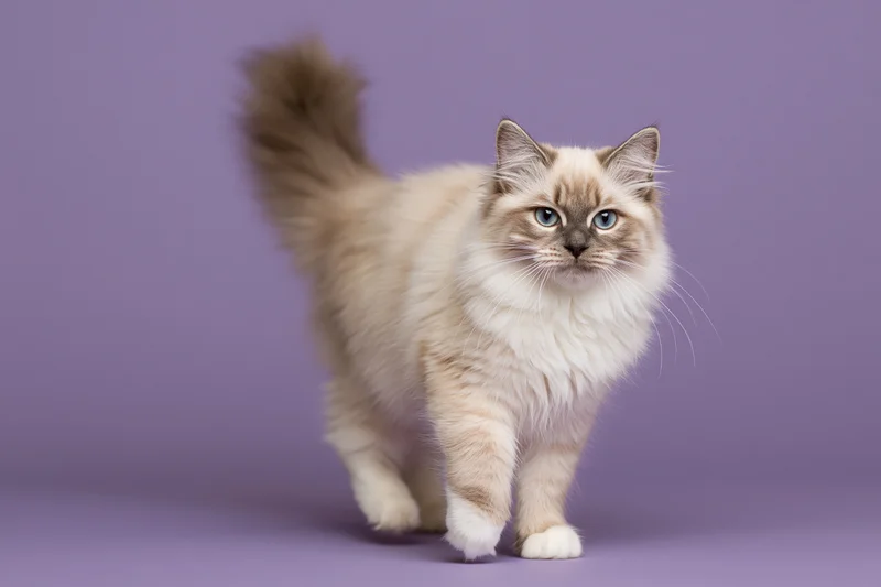 Fluffy nevamasquerade kitten walking toward camera on purple studio background