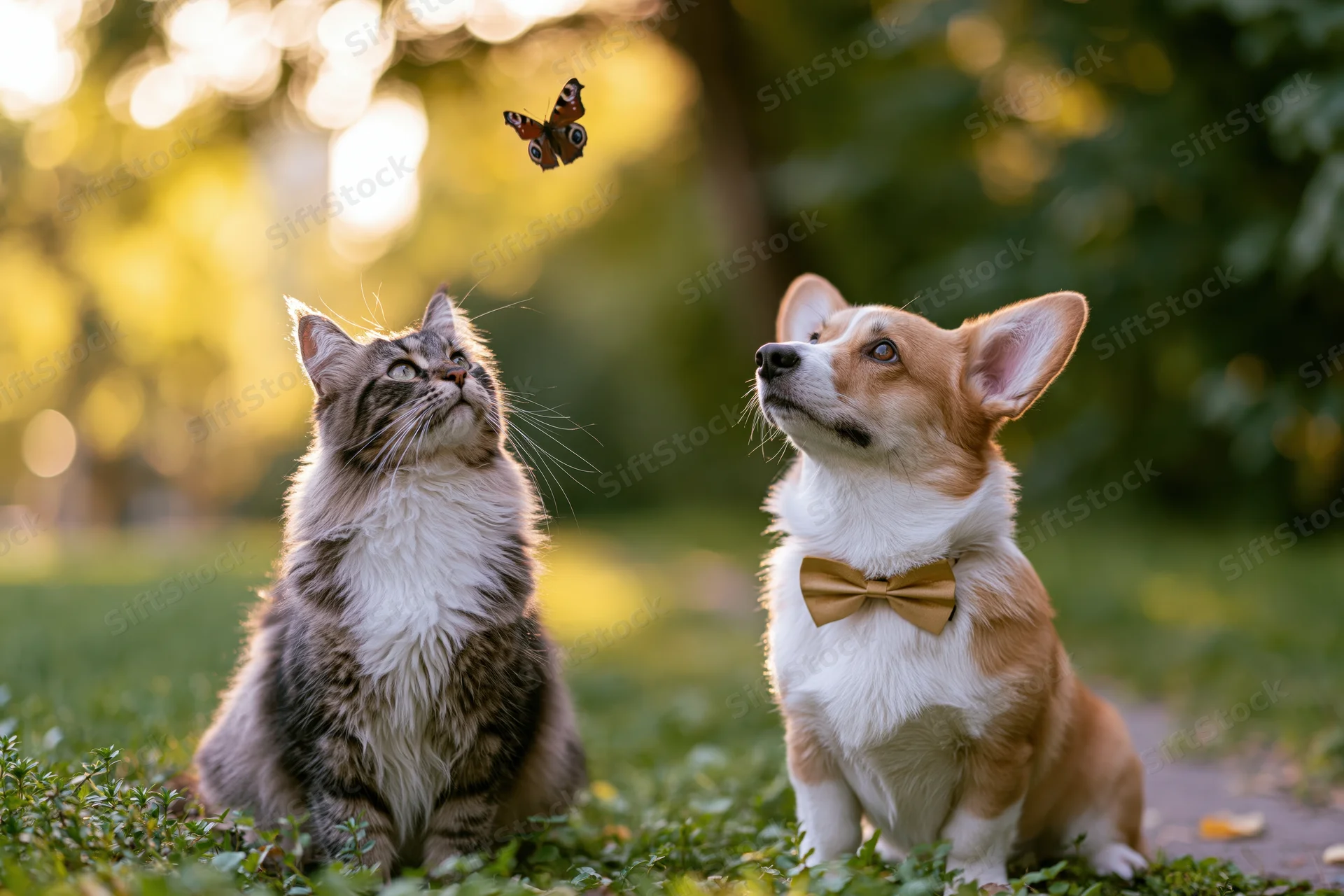 Fluffy tabby cat and corgi with golden bow tie sitting on grass looking up at butterfly in garden