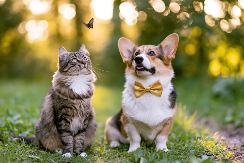 Corgi and tabby cat sitting on grass watching a butterfly in a sunlit garden