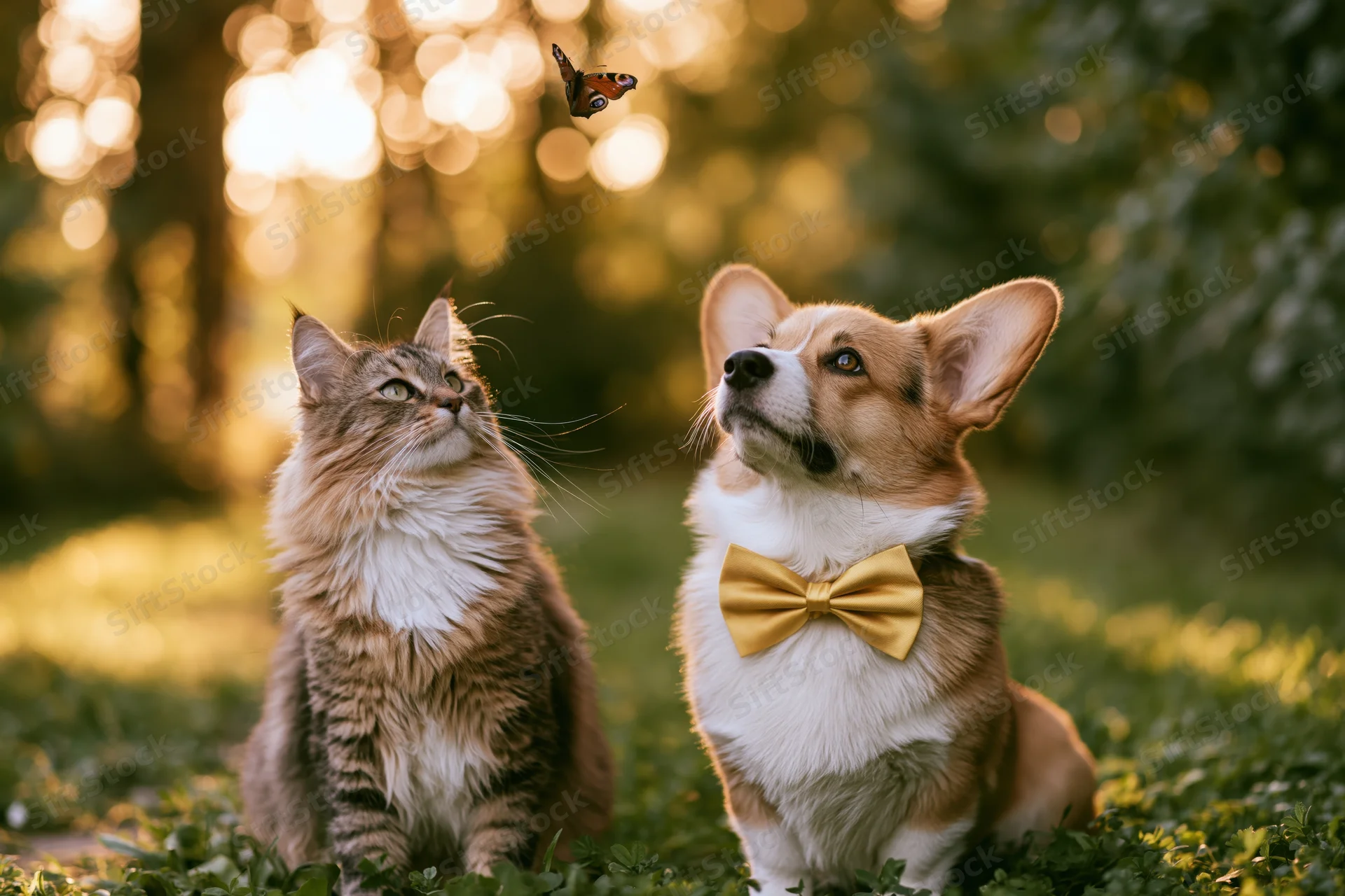 Fluffy tabby cat and corgi dog sitting on grass looking up at a butterfly in a sunlit garden