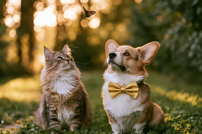 Fluffy tabby cat and corgi dog sitting on grass looking up at a butterfly in a sunlit garden