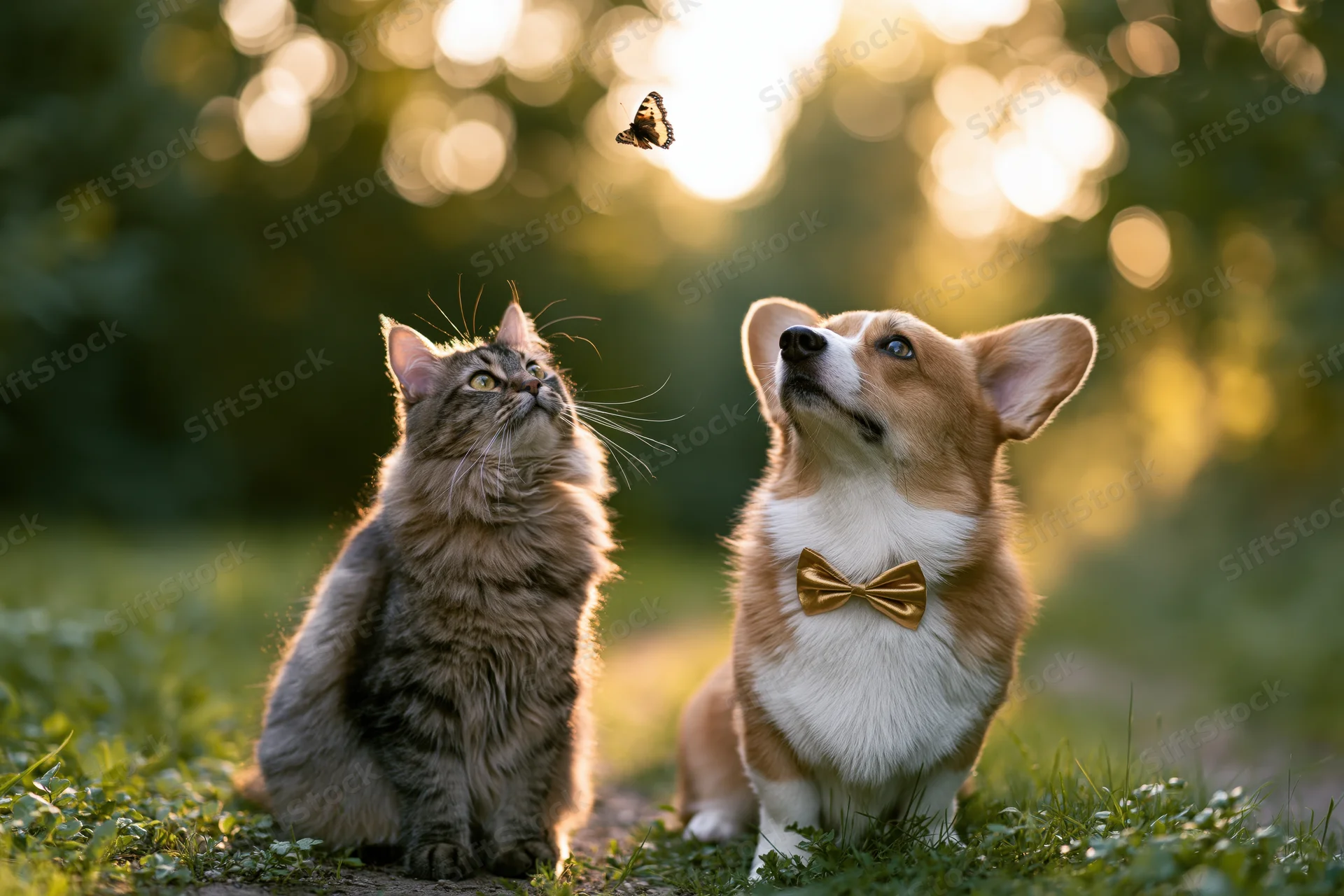 Fluffy tabby cat and corgi with golden bow tie sitting on grass watching butterfly in garden at golden hour