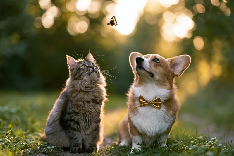 Fluffy tabby cat and corgi with golden bow tie sitting on grass watching butterfly in garden at golden hour