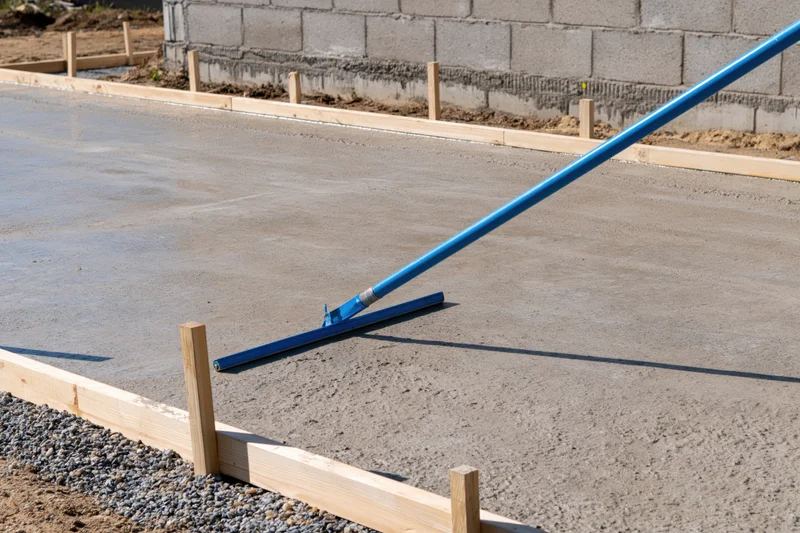 Freshly poured concrete slab being smoothed with a long-handled trowel on a construction site