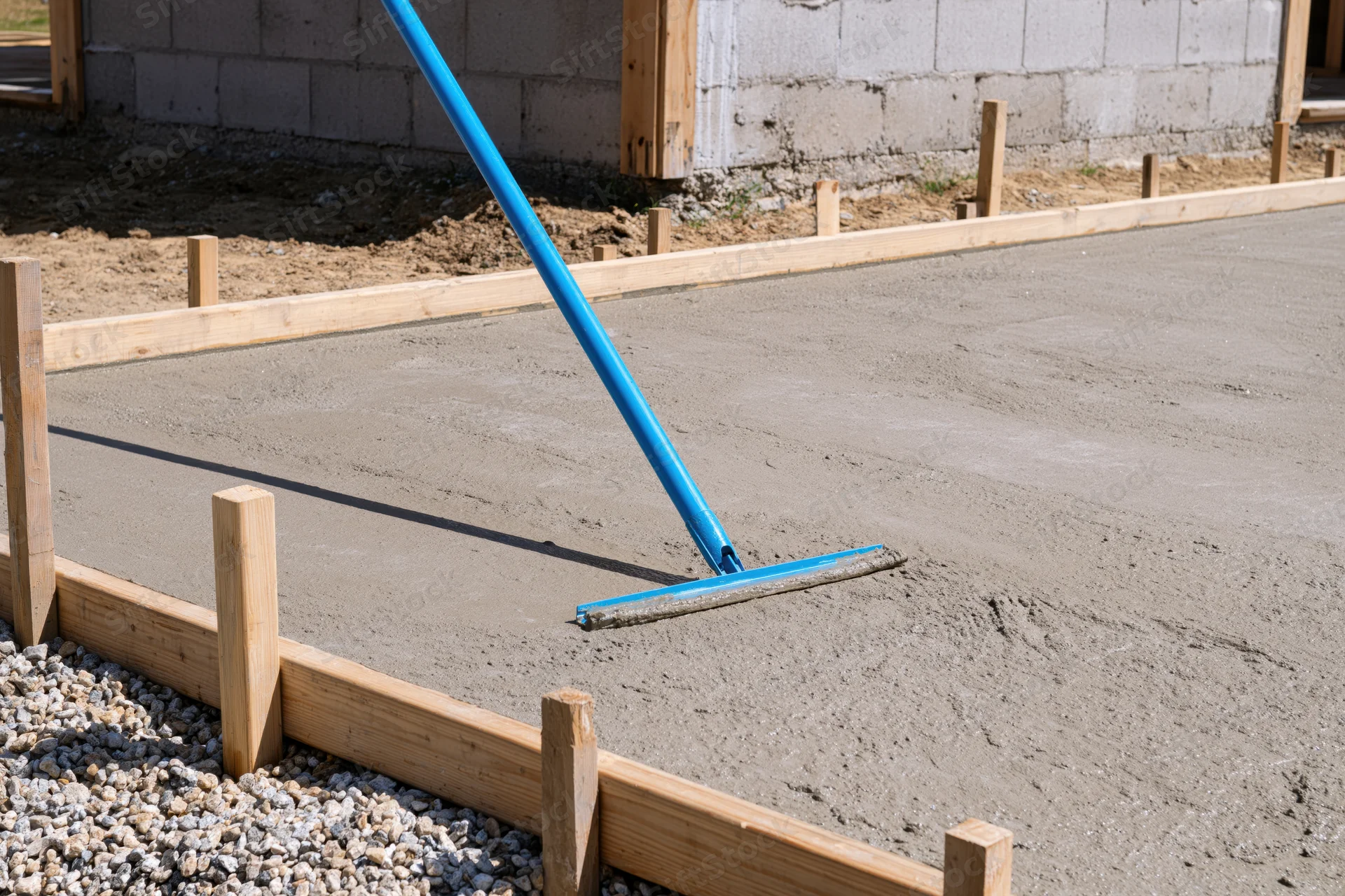 Freshly poured concrete slab being smoothed with a long-handled trowel in wooden formwork outdoors
