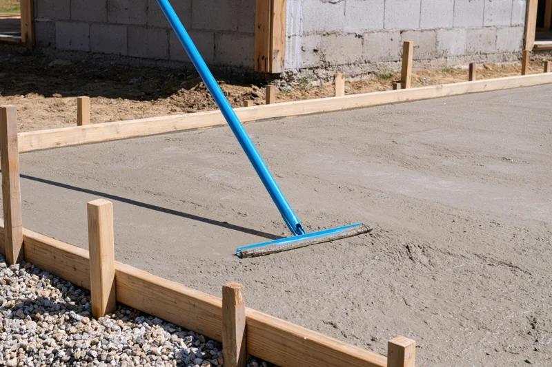 Freshly poured concrete slab being smoothed with a long-handled trowel in wooden formwork outdoors