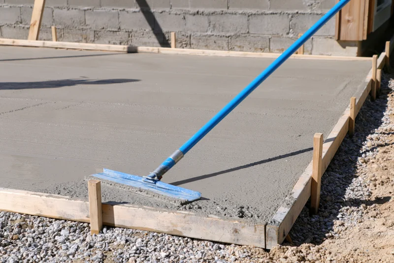 Freshly poured concrete slab being smoothed with a long-handled trowel on a construction site