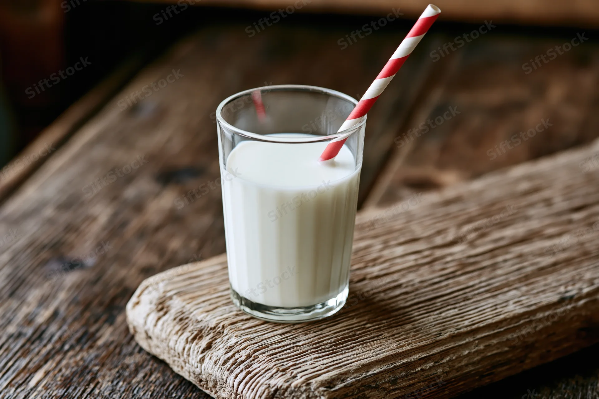Glass of milk with red and white striped straw on wooden table